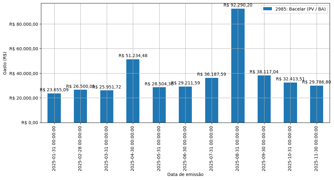 Gráfico com gastos líqüidos diários de Bacelar (PV/BA) em 2025.