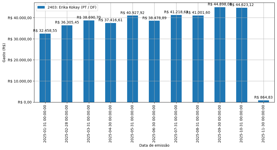 Gráfico com gastos líqüidos diários de Erika Kokay (PT/DF) em 2025.